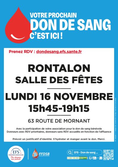 Don du sang- lundi 16 novembre 2026 à la salle des fêtes de Rontalon